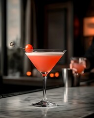 Bartender meticulously crafting a sophisticated cocktail on a polished marble counter in a dimly lit moody speakeasy inspired lounge ambiance