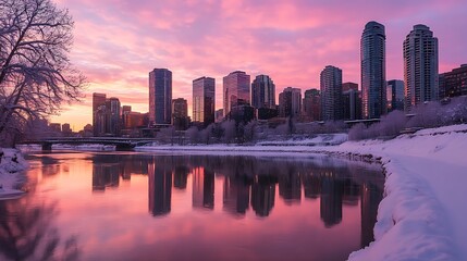 Naklejka premium City Skyline Reflected In Pink Winter River at Sunrise