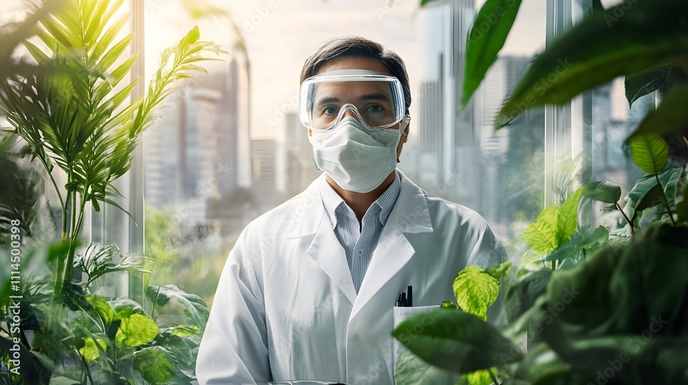 Poster scientist in protective gear conducting research in urban plant laboratory surrounded by lush greene