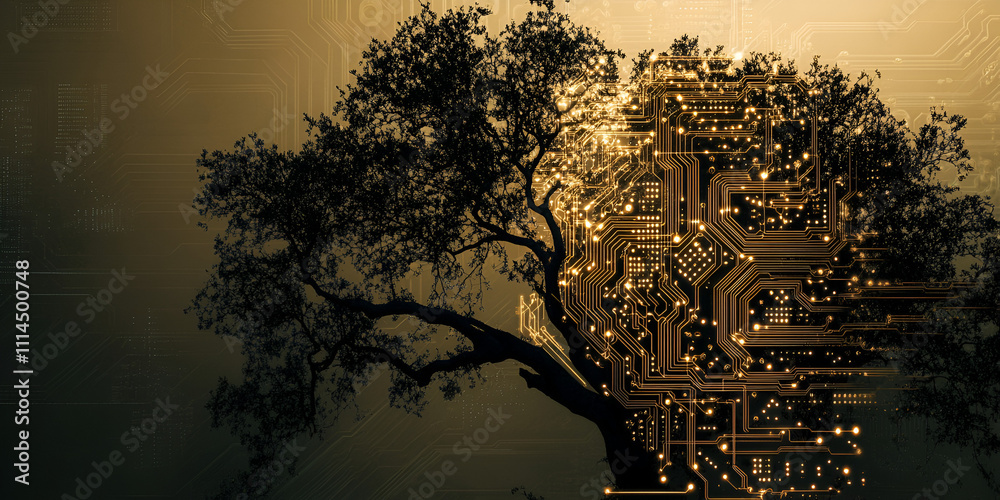 Poster the golden brain: nature and technology merge. abstract image of an olive tree morphing into a circu