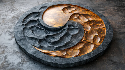 Yin yang symbol in stone with golden highlights on a textured surface