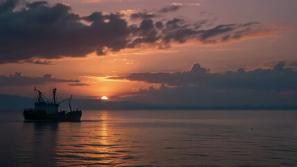As the sun sets on the horizon, a fishing trawler glides across the calm sea, its silhouette a stark contrast against the soft pink and blue hues of the sky

