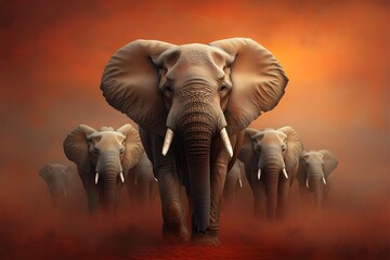Obraz premium A herd of massive gentle elephants with weathered leathery hides and swaying trunks traversing an expansive crimson desert landscape under a vibrant amber tinged sky