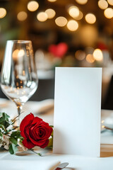 Obraz premium Valentine's day menu mockup with red rose and wine glass