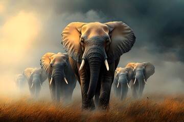 Obraz premium A majestic herd of powerful gentle elephants steadily trekking across a sprawling grassy plain their mighty trunk like legs propelling them forward with grace and determination rendered in a vibrant