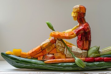 An athletic silhouette of a man floating in a kayak created from colourful vegetables - bell peppers, corn, carrots, beets and herbs.