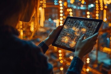 Construction Worker Viewing 3D Building Design on Illuminated Tablet at Evening Construction Site