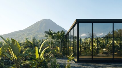 A modern glass structure amid lush greenery with a volcano in the background, showcasing a serene and picturesque natural setting.
