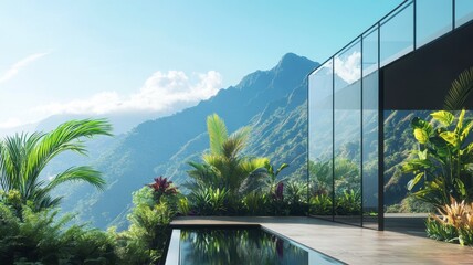 A modern house with large glass walls overlooks lush greenery and mountains under a clear blue sky, creating a tranquil and scenic retreat.
