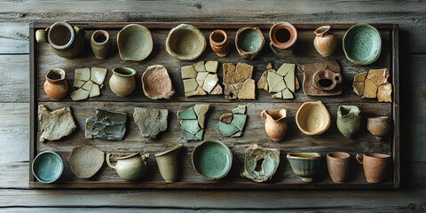 Ancient Pottery Fragments on Wooden Tray: A collection of ancient pottery shards and pottery pieces arranged on a wooden tray.