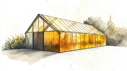 A watercolor illustration of a greenhouse, showcasing its glass structure and warm lighting, surrounded by greenery.