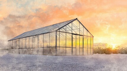 A serene greenhouse bathed in sunrise light, set against a misty backdrop, symbolizing growth and a connection to nature.