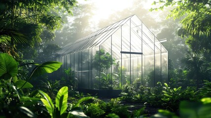 A serene greenhouse surrounded by lush greenery, illuminated by soft sunlight, creating a tranquil atmosphere in a natural setting.
