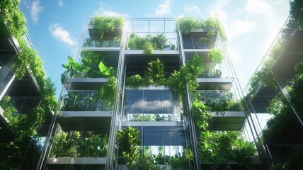 A modern architectural structure entwined with greenery, showcasing a harmonious blend of nature and urban living under a bright sky.