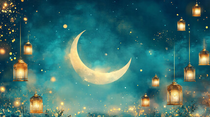 Fototapeta premium Crescent moon with glowing lanterns in a dreamy night sky