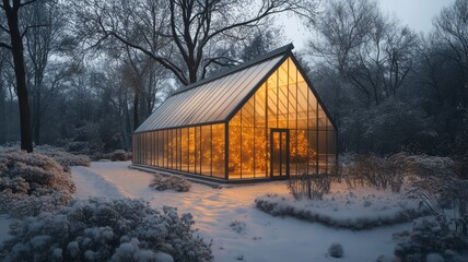 A warm, glowing greenhouse stands in a snow-covered landscape, surrounded by trees, creating a cozy ambiance in a winter setting.