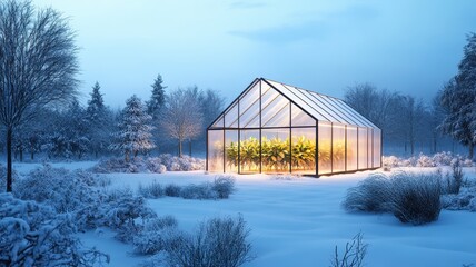 A luminous greenhouse stands in a snowy landscape, showcasing vibrant plants inside, contrasting with the cold winter evening outside.