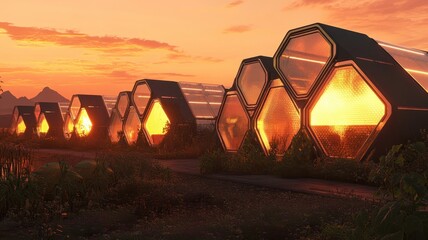 A row of modern, hexagon-shaped structures glowing at sunset, surrounded by nature, showcasing innovative architectural design and sustainable living.