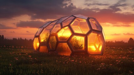 A futuristic greenhouse glowing at sunset, featuring hexagonal glass panels and lush greenery, set in a serene landscape.