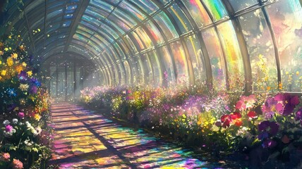 A vibrant greenhouse filled with colorful flowers and sunlight, casting rainbow shadows along a picturesque pathway.