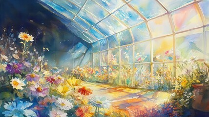 A vibrant greenhouse filled with colorful flowers, bathed in warm sunlight, creating a serene and enchanting atmosphere.