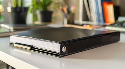 A black ring binder on a white desk