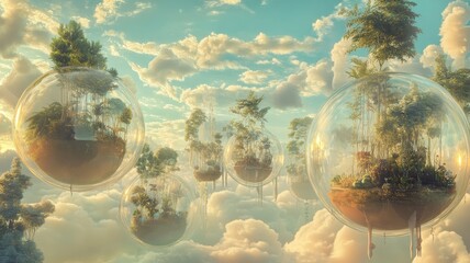A dreamy landscape featuring floating spheres with lush greenery, suspended among fluffy clouds under a serene sky.