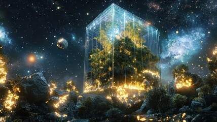 A futuristic glass cube with glowing vegetation, set against a starry cosmic background, symbolizing the fusion of nature and technology.