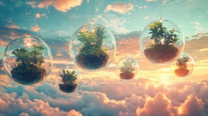 Ethereal glass orbs containing lush greenery float above vibrant clouds, capturing the beauty of nature and imagination in a surreal sky.