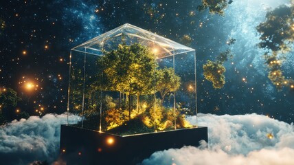 A fantastical glass terrarium with lush greenery, set against a cosmic background of stars and clouds, creating a dreamlike atmosphere.