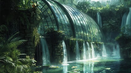 A serene greenhouse surrounded by lush greenery and cascading waterfalls, creating a tranquil and enchanting natural landscape.