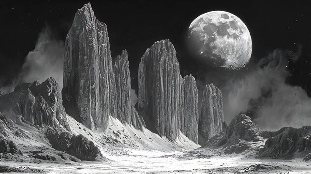 Dramatic Lunar Surface Formations with Looming Cliffs and Peaks under Moody Skies