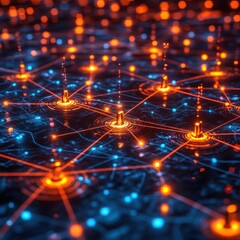 Obraz premium A digital network visualization with glowing nodes and connections in blue and orange hues.