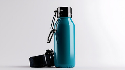 A blue water bottle with a black cap sits on a white background