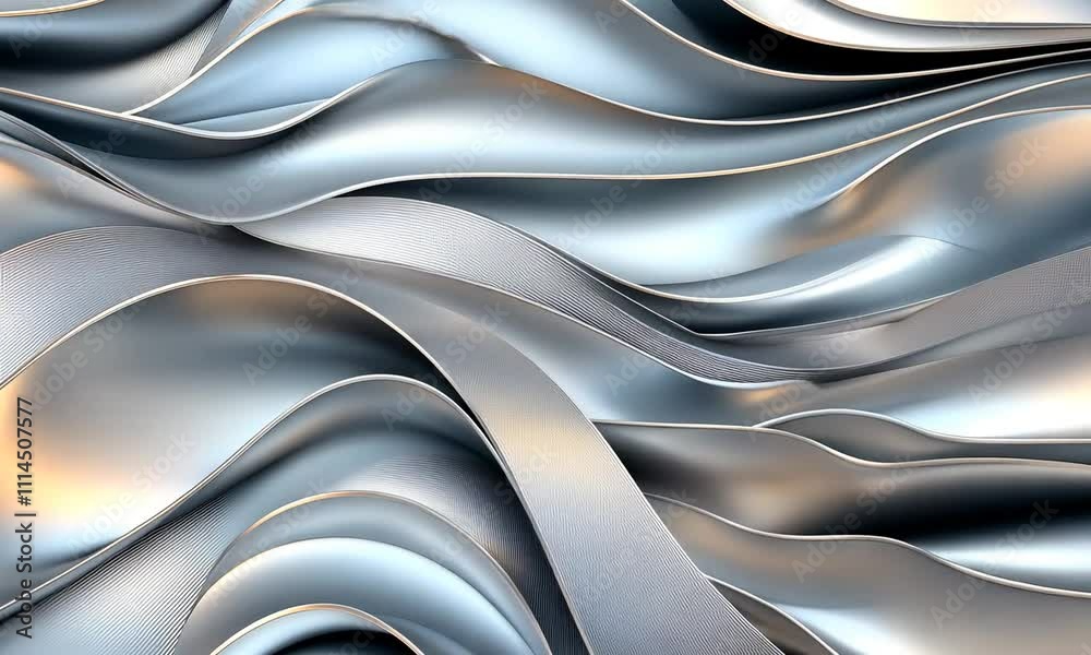 Poster flowing metallic ribbons create a captivating abstract visual featuring smooth curves and shimmering