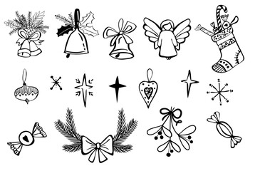 Hand drawn winter holiday illustrations. Vector SVG Christmas icons, new year invitations, cafe menus and parties in sketch style, christmas tree, snowflakes, ribbon and bows, christmas lights garland