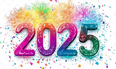 The year 2025 in big characters with confetti, streamers and party decorations on white background