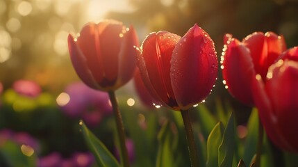 Fototapeta premium Red Tulips Blooming in Sunlight with Dew Drops