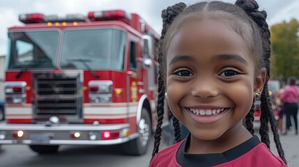 Young girl smiles joyfully in front of a fire truck during a community event in a vibrant urban setting