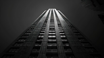 A low angle view of a tall, modern skyscraper reaching towards the sky.