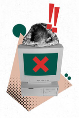 Collage image picture of stressed depressed woman problem mistake error pc software isolated on...