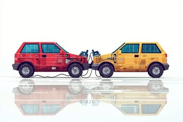 Naklejka premium Flat Design of Two Cars Showing Battery Jump-Start Process with Dead and Live Battery Labeled as Instructional Graphic