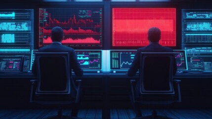 Professional Traders Analyzing Market Trends in a High-Tech Financial Environment with Multiple Screens Displaying Graphs and Data Visualizations
