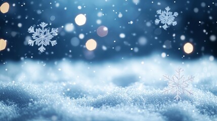 Fototapeta premium A serene winter scene with falling snowflakes and a soft snowy ground illuminated by gentle lights.