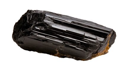 Black Tourmaline Crystal, glossy texture, rough edges, grounding energy, natural mineral specimen, protective stone Isolated on white background or PNG
