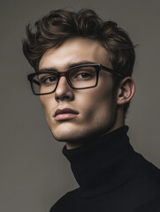 Fototapeta premium Stylish young male model in a sleek black turtleneck and trendy eyeglasses, posing confidently in a high-fashion studio portrait against a neutral background