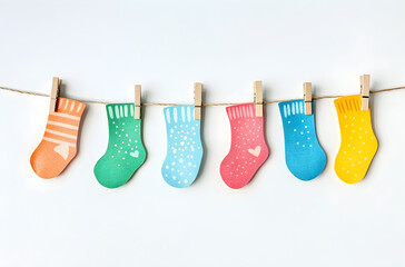 Cute and Colorful Baby Socks Drying on a String with Clothespins, AI GENERATIVE 