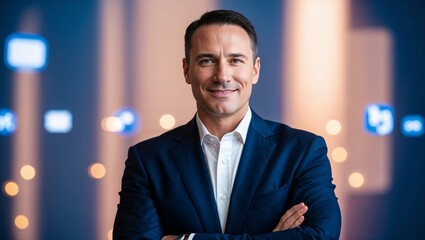 Obraz premium A smiling professional man posing confidently in a business setting.