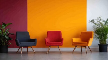 Fototapeta premium Contemporary Living Room with Colorful Chairs Against Vibrant Walls Featuring Warm Tones of Yellow, Red, and Burgundy with Potted Plants for a Cozy Atmosphere