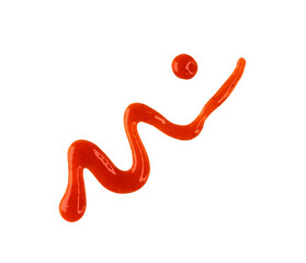Line and drops of red hot chilli sauce isolated on white, top view, clipping path, PNG.